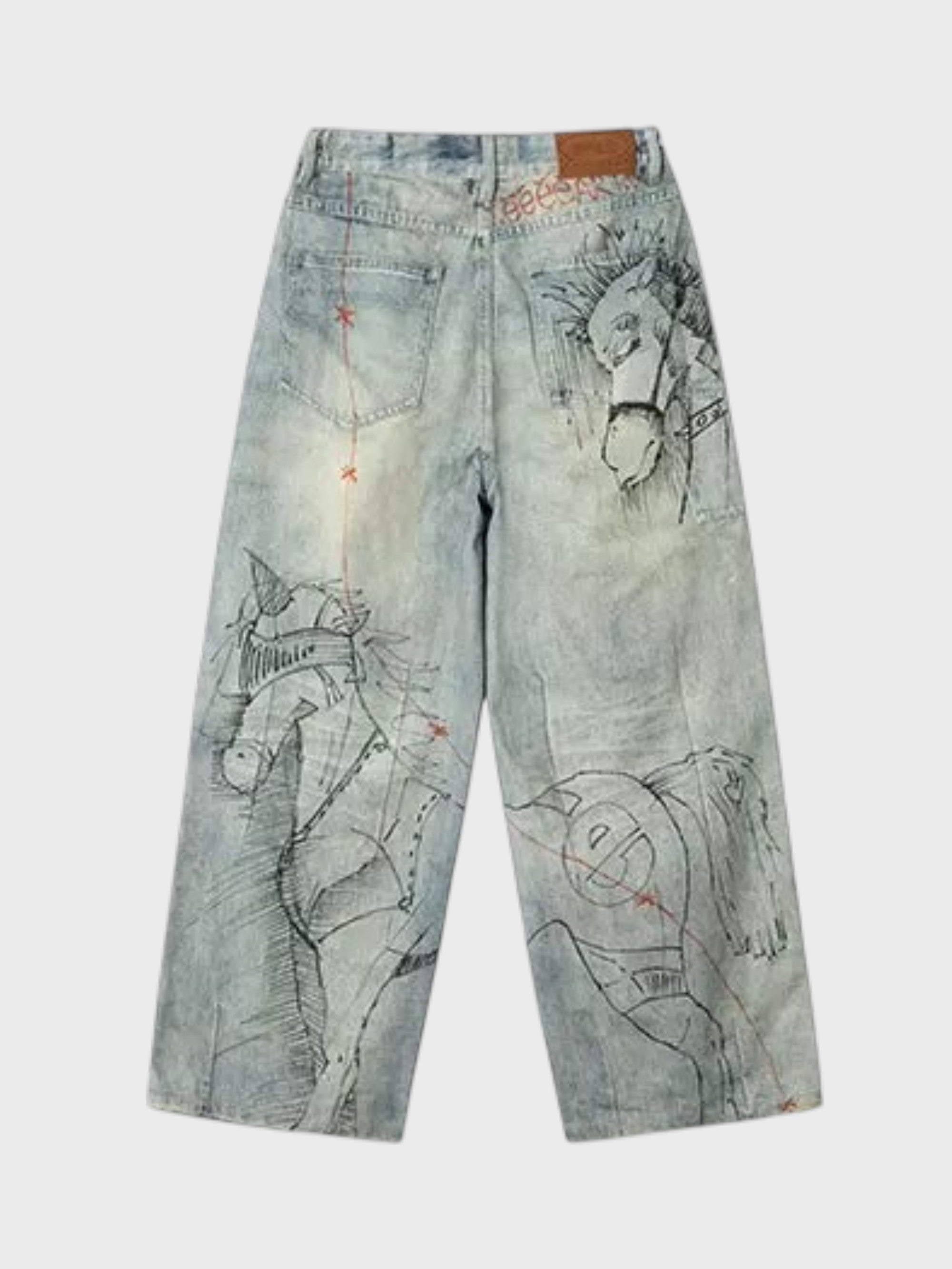Jean large washed bleu clair eeee Artmonster imprimé chevaux manga, vue de dos avec étiquette cuir
