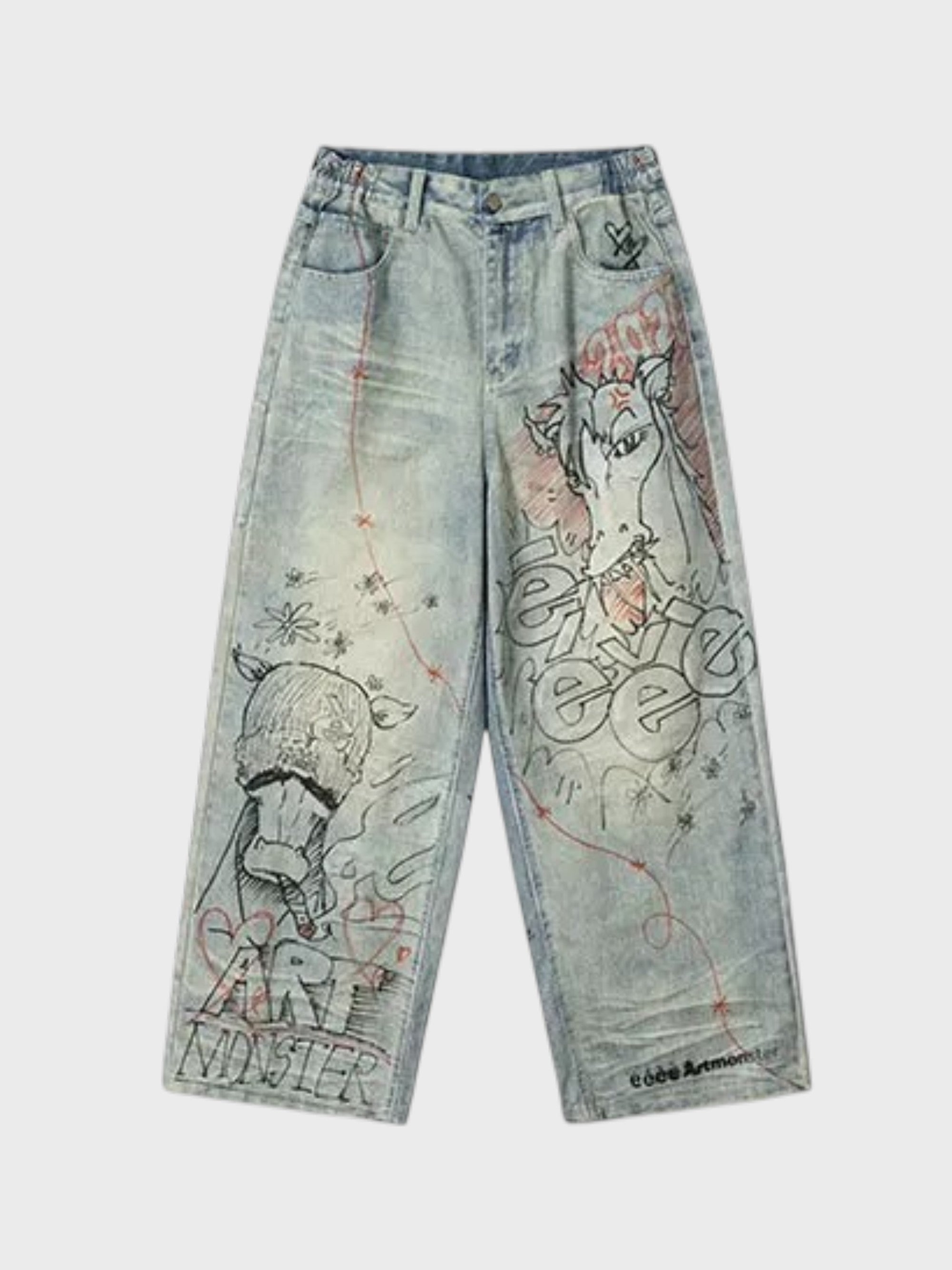 Jean large washed bleu clair eeee Artmonster imprimé all-over cheval manga graffiti, vue de face
