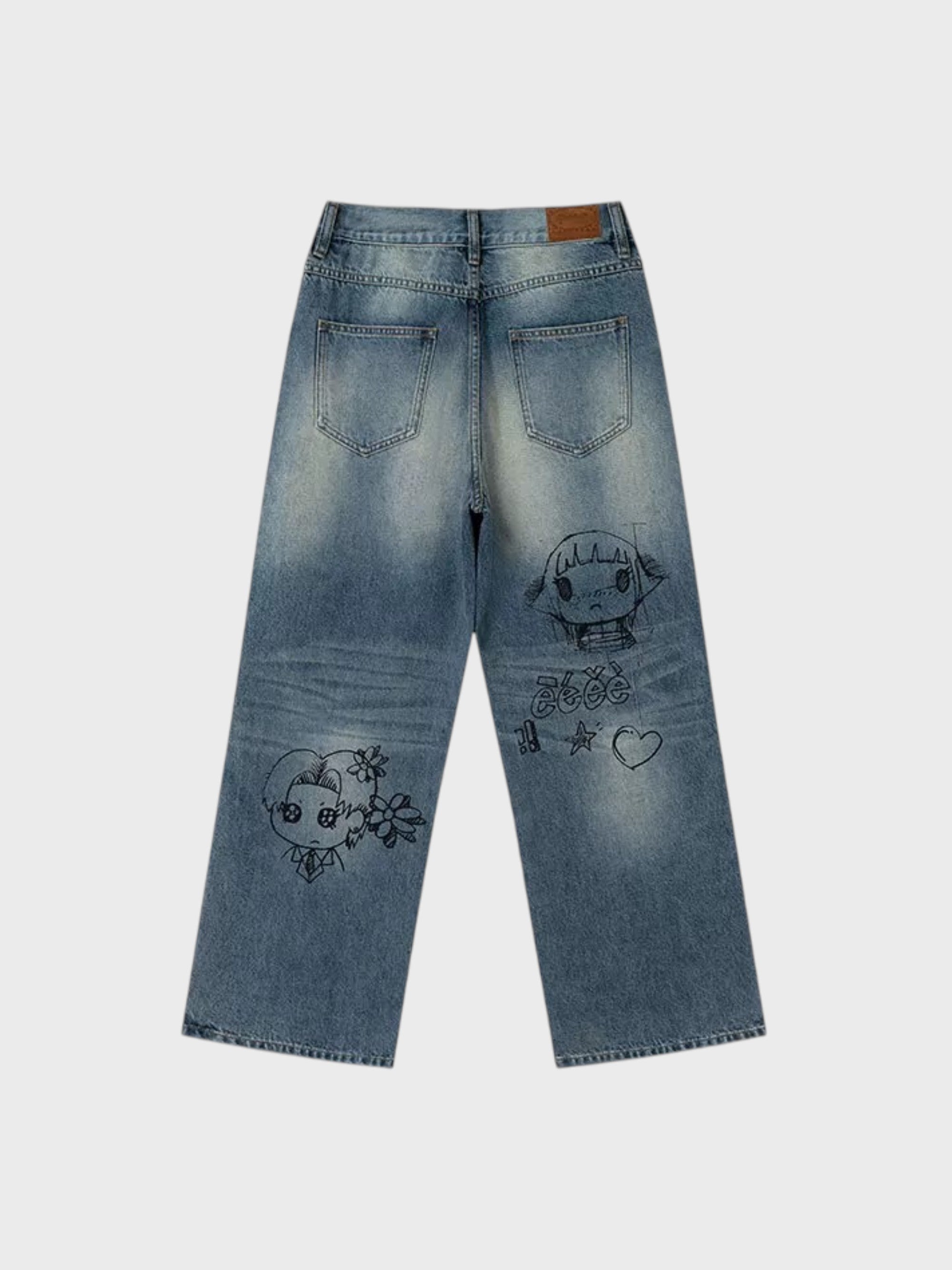 Jean large washed bleu eeee Artmonster imprimé graffiti filles manga, vue de dos avec étiquette cuir
