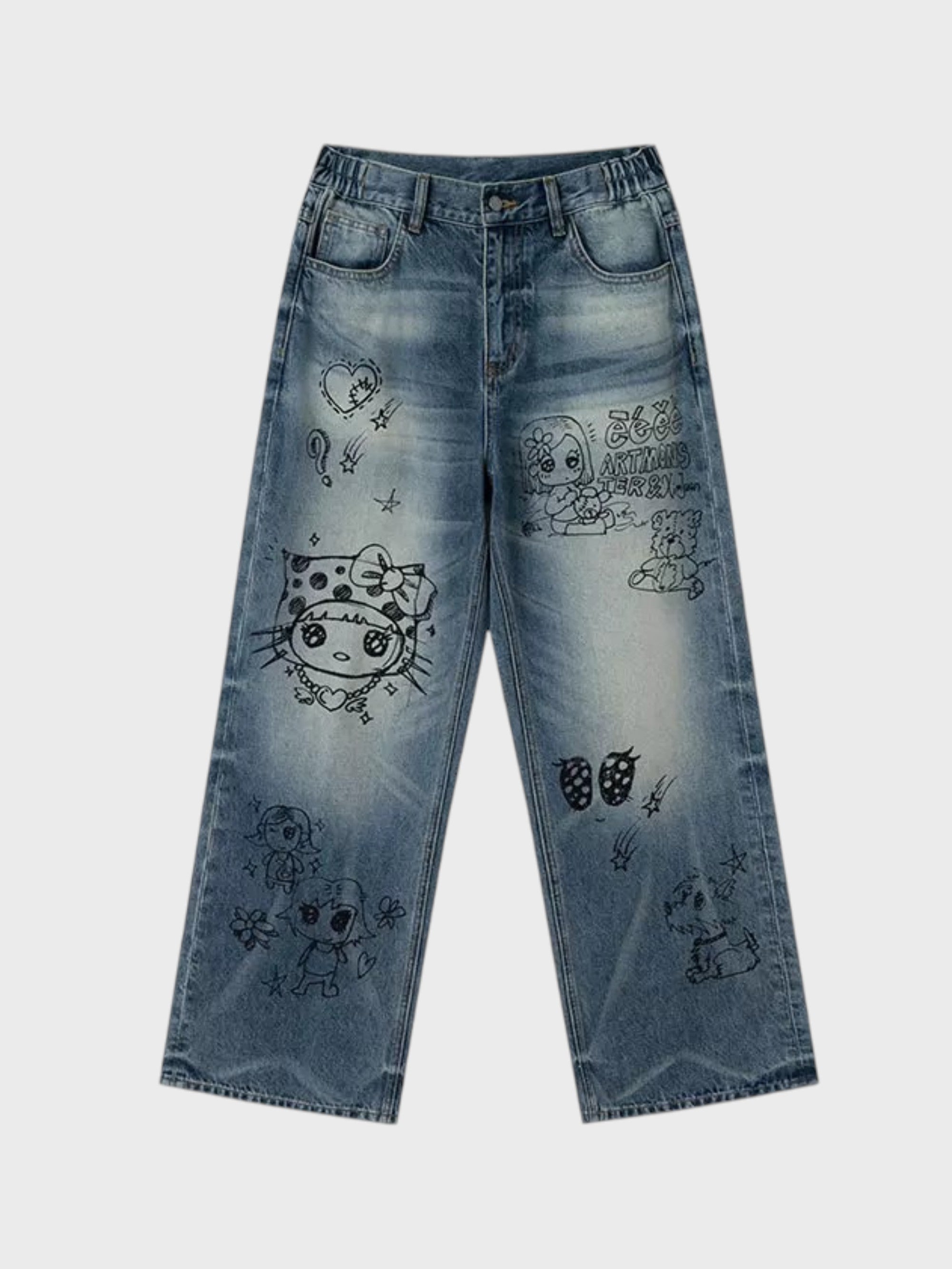 Jean large washed bleu eeee Artmonster imprimé all-over graffiti manuscrit manga kawaii, vue de face
