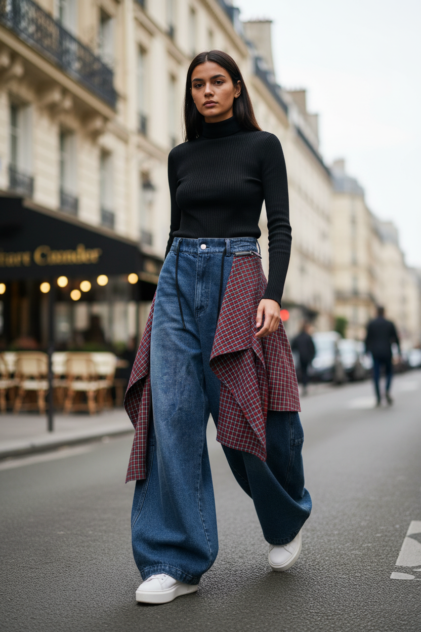 Jean wide leg superposé jupe à carreaux Relabel bleu et rouge denim et laine, porté par un modèle femme marchant dans une rue parisienne