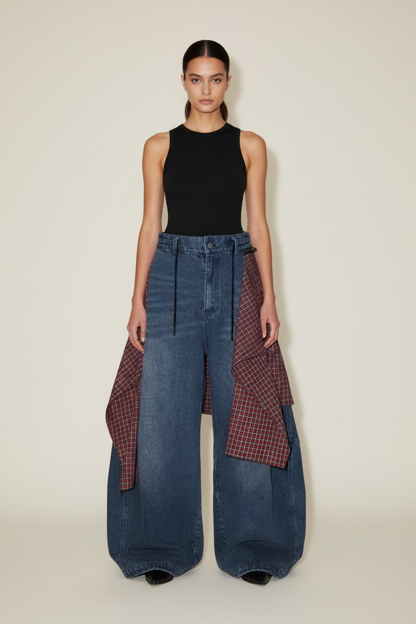 Jean wide leg superposé jupe à carreaux Relabel bleu et rouge denim et laine, porté par un modèle femme vue de face fond beige studio