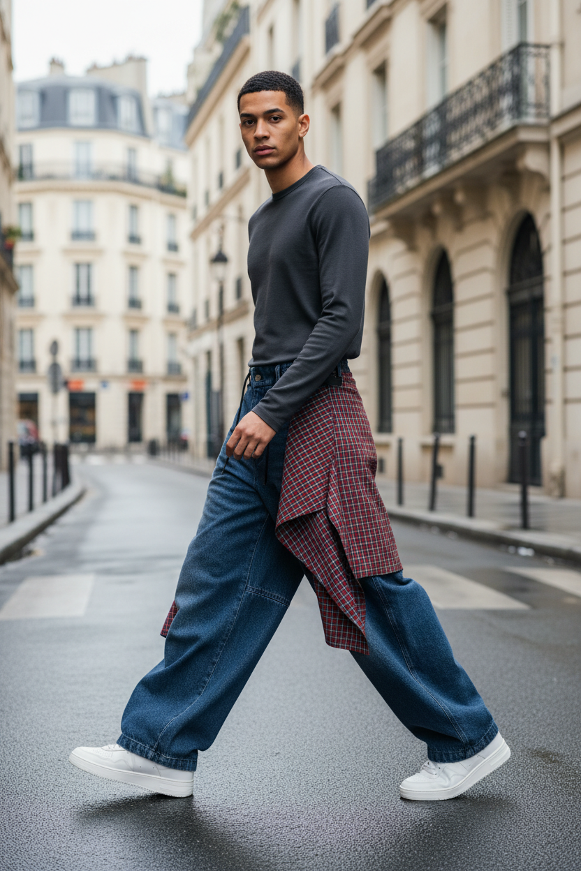 Jean wide leg superposé jupe à carreaux Relabel bleu et rouge denim et laine, porté par un modèle homme marchant dans une rue parisienne