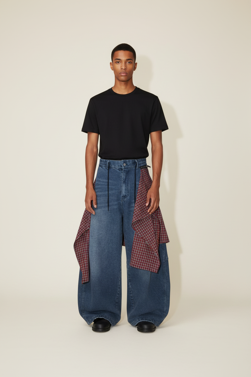 Jean wide leg superposé jupe à carreaux Relabel bleu et rouge denim et laine, porté par un modèle homme vue de face fond beige studio