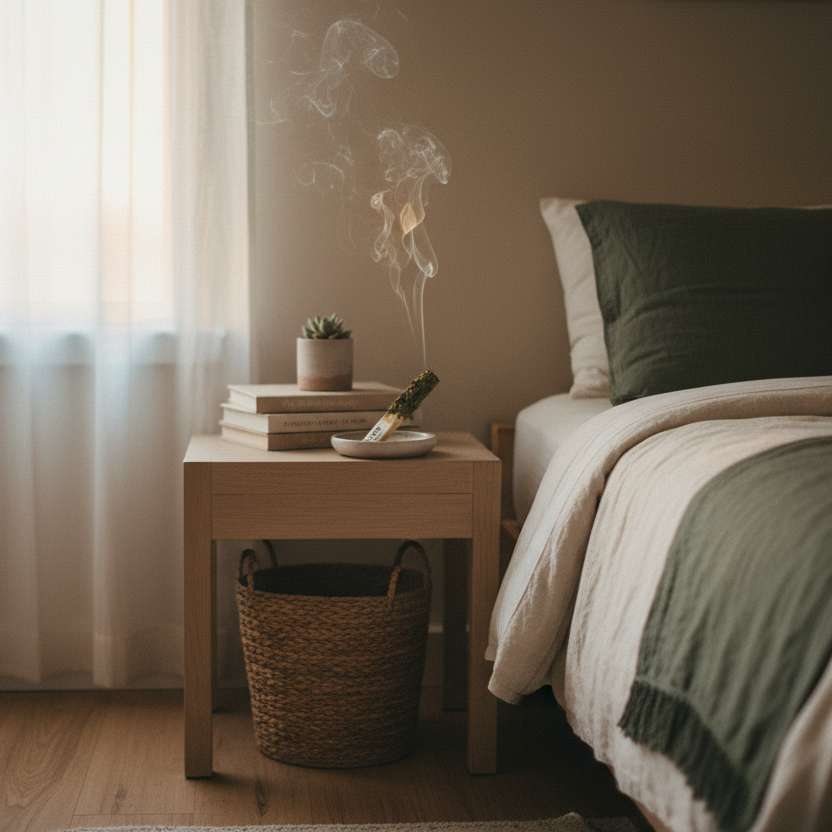 Joint herbal fumant EvoSensation beige et vert en herbes naturelles et papier, posé dans une coupelle blanche sur table de chevet en bois clair avec livres empilés et succulente en pot, chambre minimaliste lit lin vert kaki panier en osier rideau blanc lumière naturelle douce