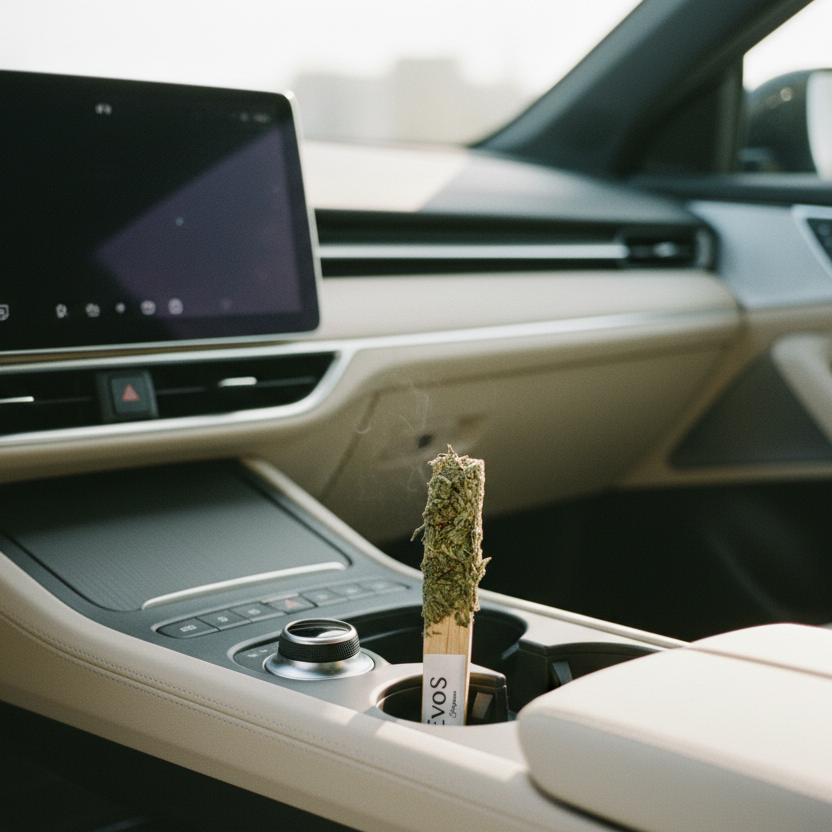 Joint herbal roulé EvoSensation beige et vert en herbes naturelles et papier, posé dans le porte-gobelet d'un intérieur de voiture de luxe beige avec écran tactile et console centrale, vue de côté