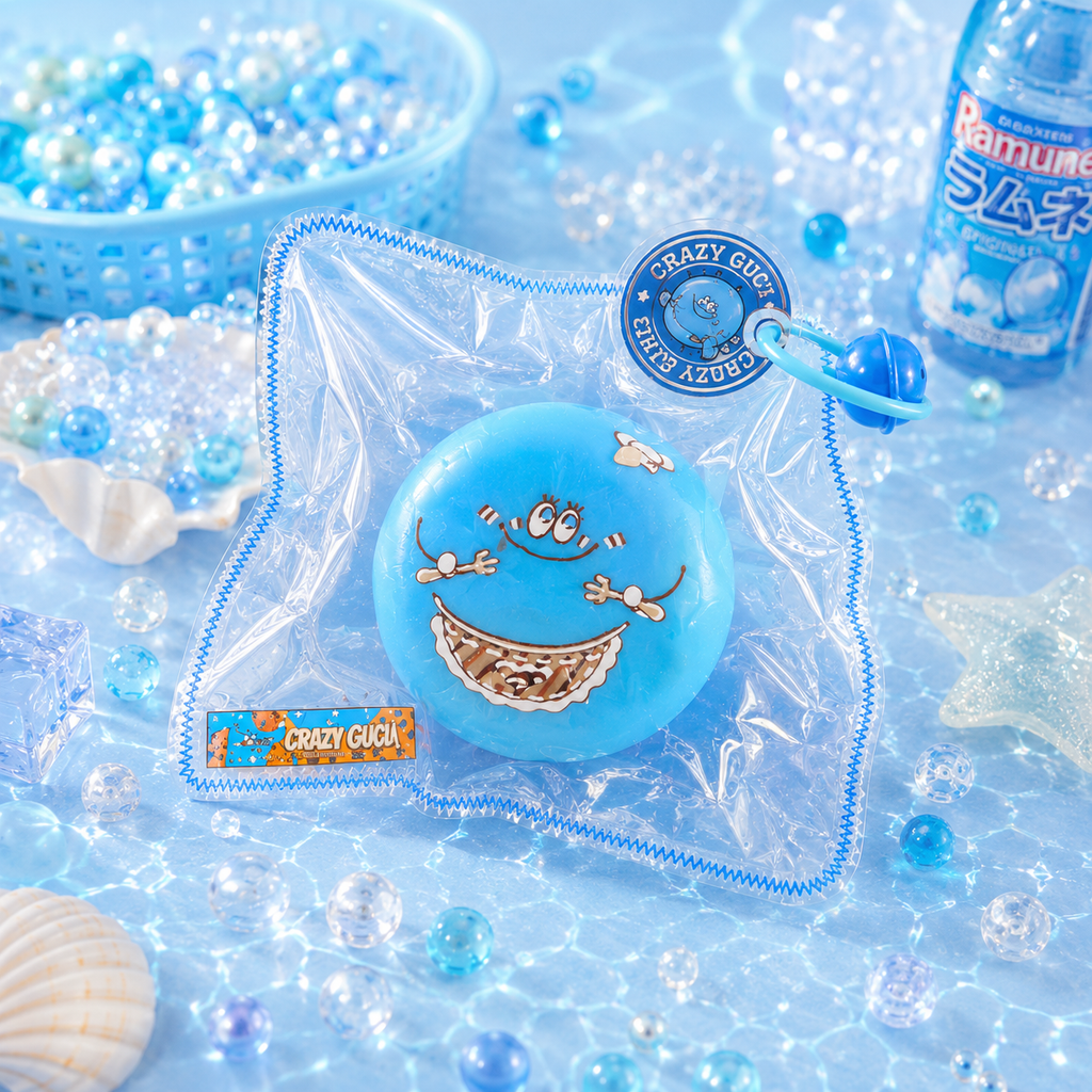 Jouet squishy mousse jelly Crazy Gugu bleu polyuréthane, scène océan kawaii avec perles coquillages et bouteille Ramune