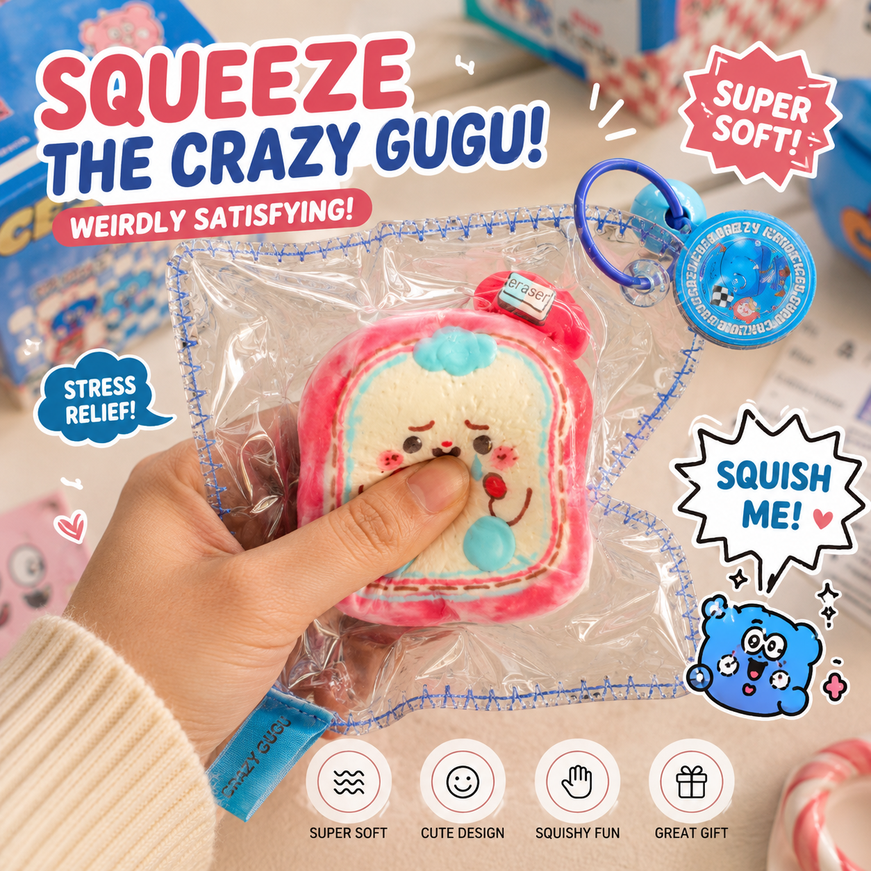 Jouet squishy mousse souple Crazy Gugu blanc et rose polyuréthane toast clown, main pressant le squishy scène kawaii rose stress relief super soft
