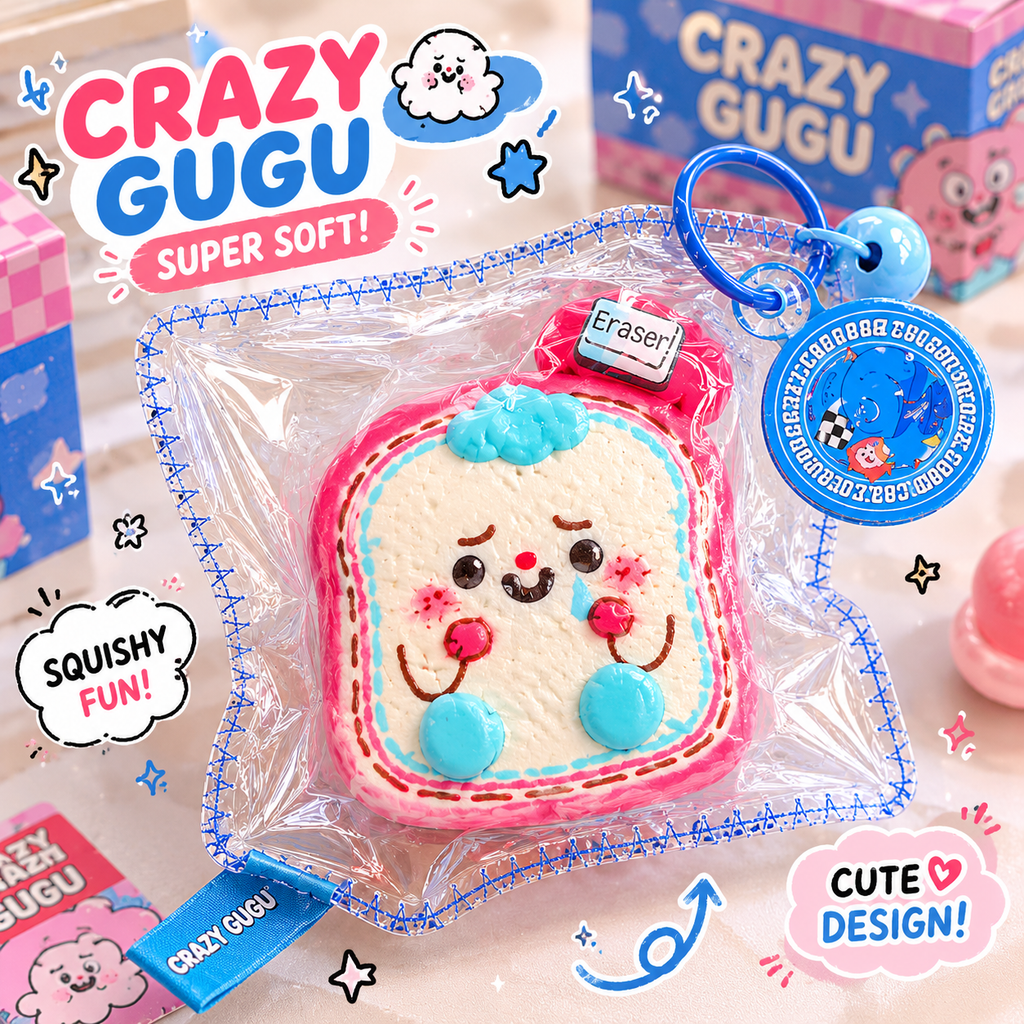 Jouet squishy mousse souple Crazy Gugu blanc et rose polyuréthane toast clown, scène kawaii squishy fun cute design avec boîte Crazy Gugu fond rose