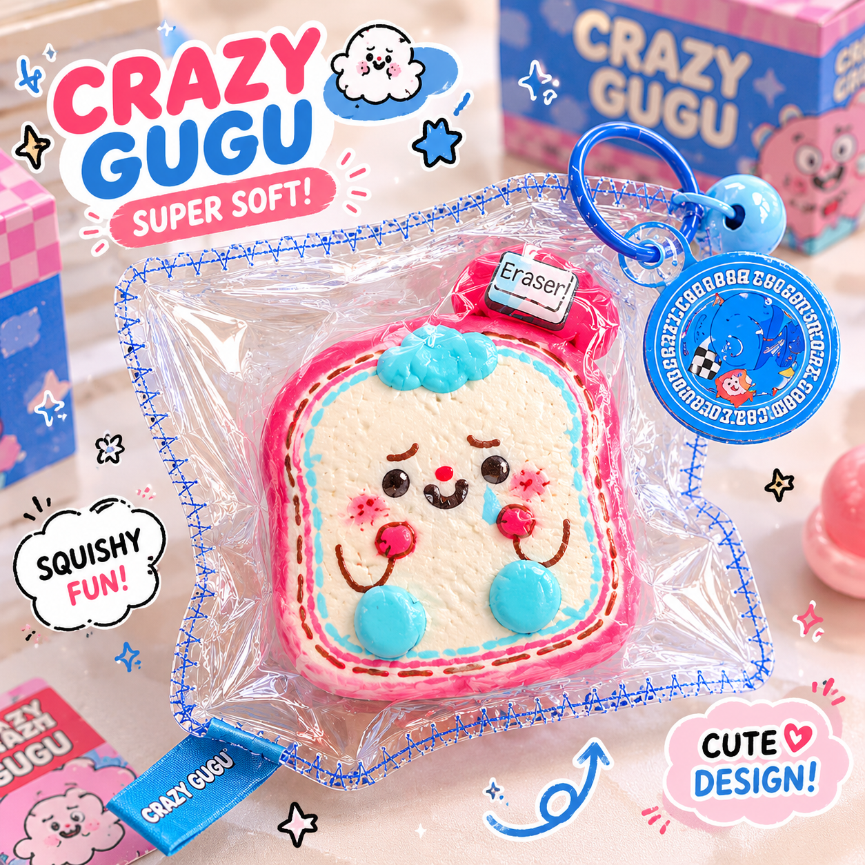 Jouet squishy mousse souple Crazy Gugu blanc et rose polyuréthane toast clown, scène kawaii squishy fun cute design avec boîte Crazy Gugu fond rose