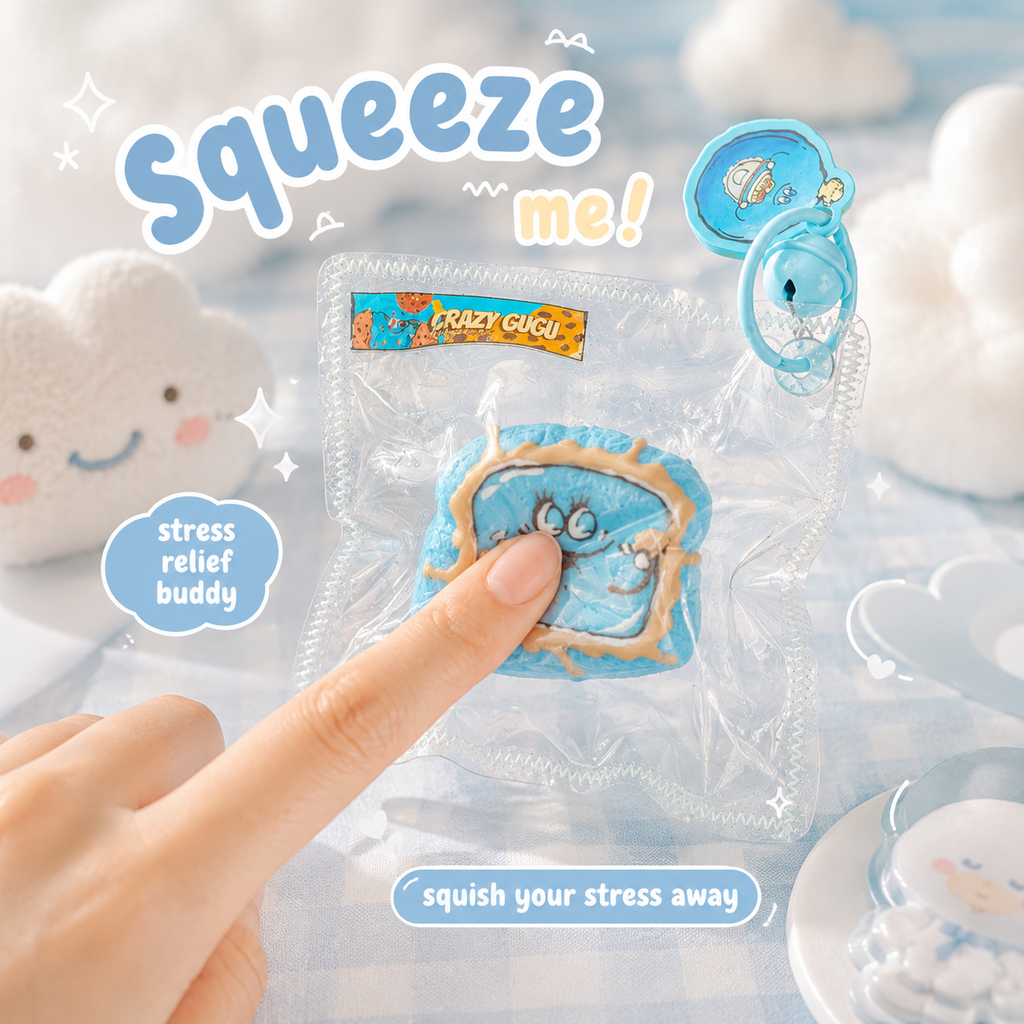 Jouet squishy mousse souple Crazy Gugu bleu polyuréthane, démonstration pression anti-stress fond nuages