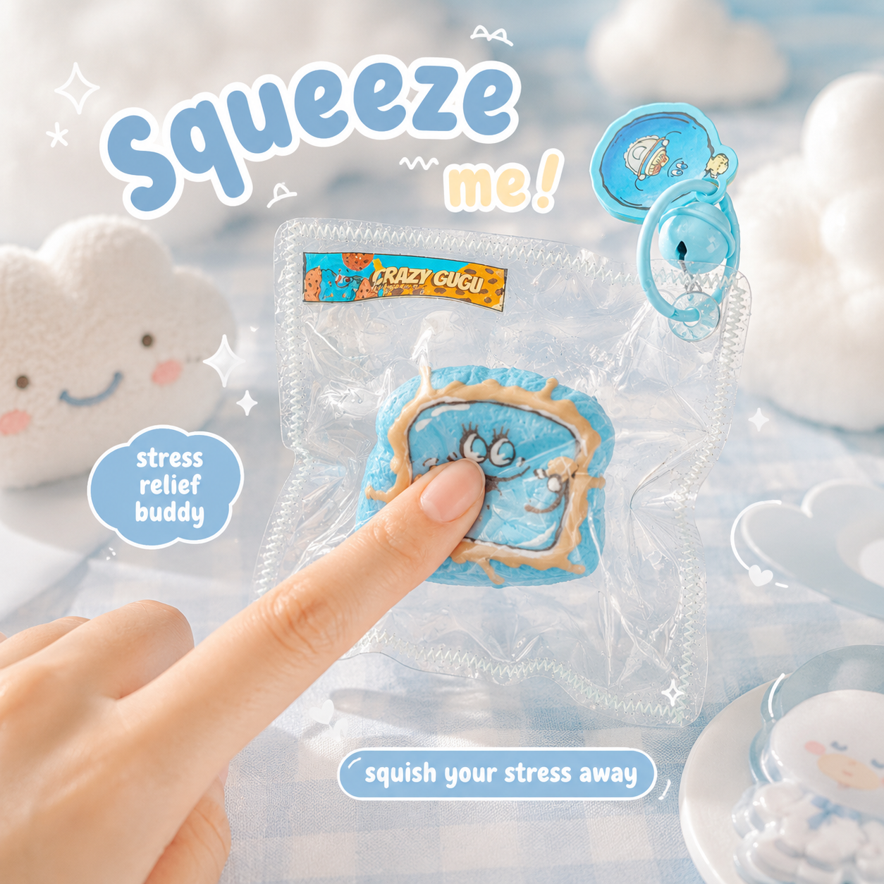 Jouet squishy mousse souple Crazy Gugu bleu polyuréthane, démonstration pression anti-stress fond nuages