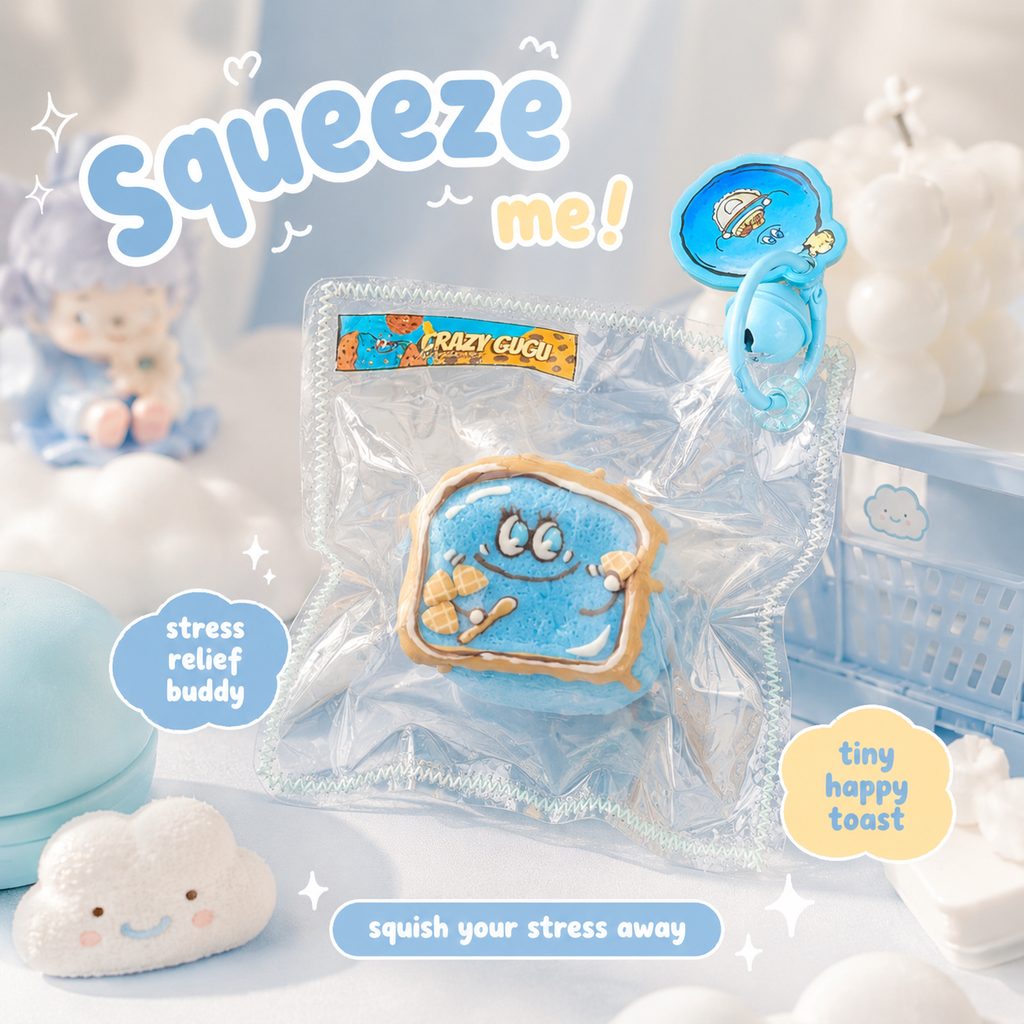 Jouet squishy mousse souple Crazy Gugu bleu polyuréthane, scène kawaii entouré de nuages blancs