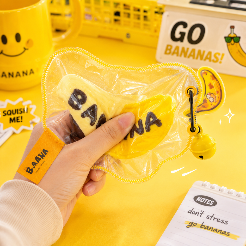 Jouet squishy mousse souple Crazy Gugu jaune polyuréthane banane B-AANA, main pressant le squishy scène go bananas fond jaune