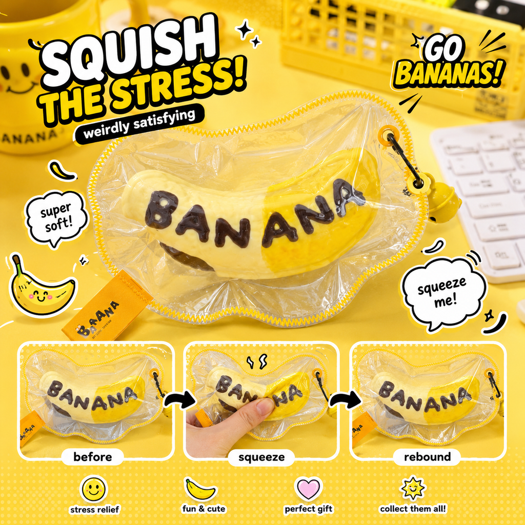 Jouet squishy mousse souple Crazy Gugu jaune polyuréthane banane B-AANA, démonstration rebond lent avant squeeze rebound scène bureau jaune