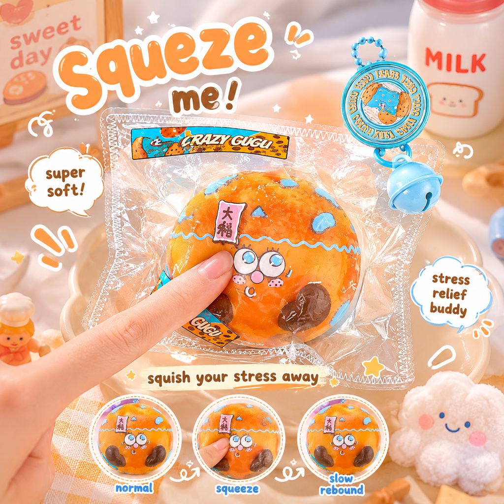 Jouet squishy mousse souple Crazy Gugu orange polyuréthane, démonstration rebond lent normal squeeze rebound