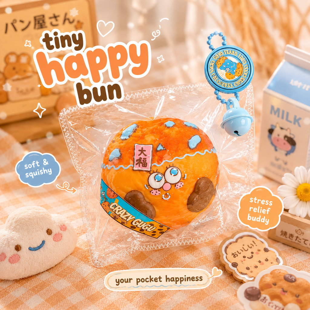Jouet squishy mousse souple Crazy Gugu orange polyuréthane, scène boulangerie kawaii avec porte-clés clochette bleu