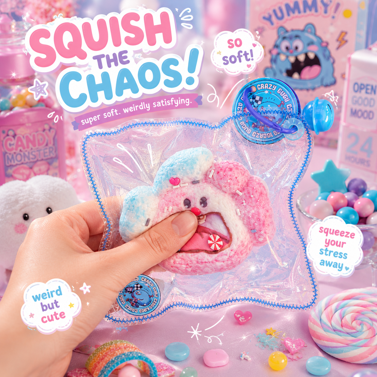Jouet squishy mousse souple Crazy Gugu rose et bleu polyuréthane, démonstration pression main scène candy kawaii