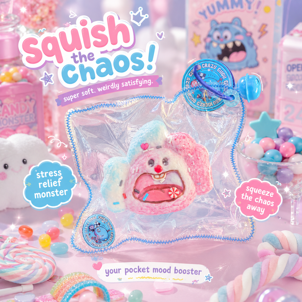 Jouet squishy mousse souple Crazy Gugu rose et bleu polyuréthane, scène candy shop kawaii avec bonbons colorés