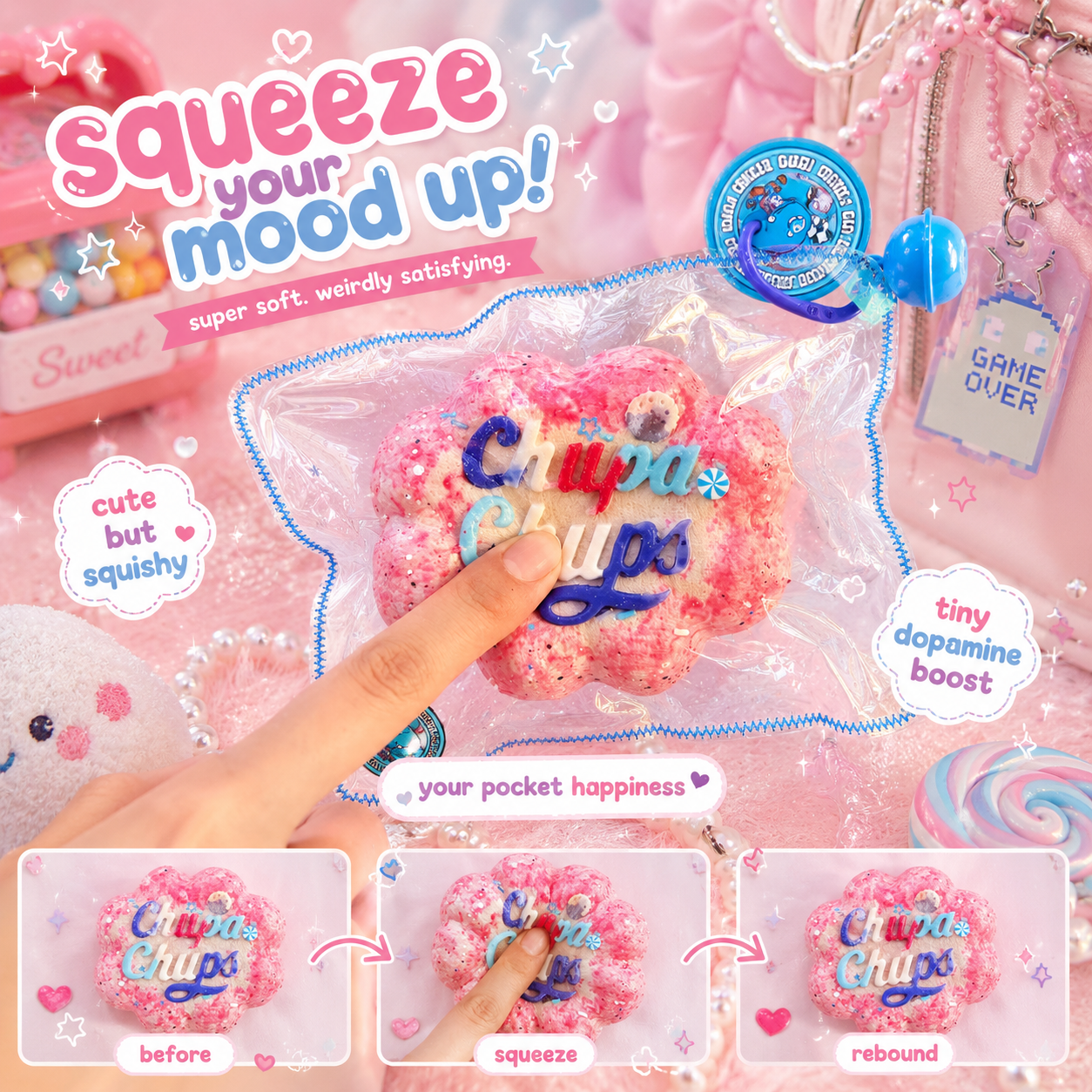 Jouet squishy mousse souple Crazy Gugu rose polyuréthane, démonstration rebond lent avant squeeze rebound scène candy shop kawaii