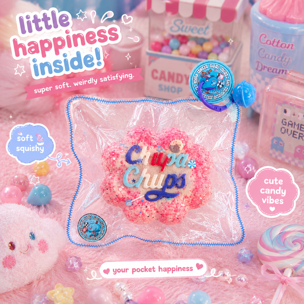 Jouet squishy mousse souple Crazy Gugu rose polyuréthane logo Chupa Chups, scène candy shop kawaii vue de dessus avec sucettes et bonbons