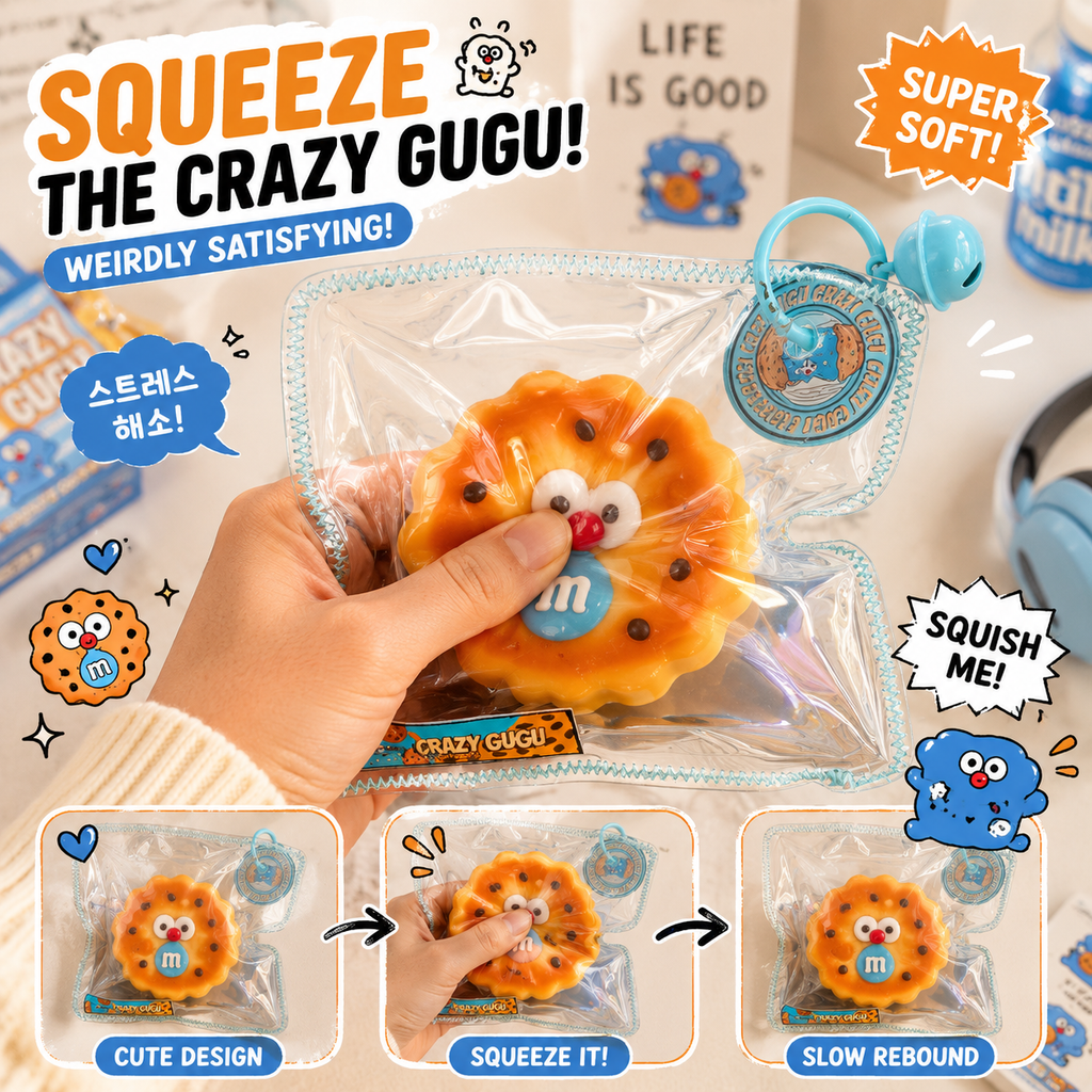 Jouet squishy texture cookie Crazy Gugu orange et bleu polyuréthane, démonstration 3 étapes cute design squeeze slow rebound scène kawaii