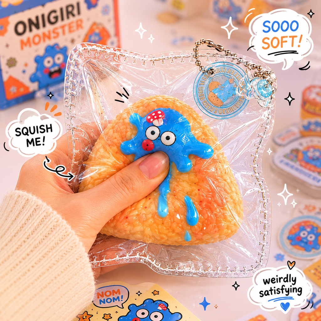 Jouet squishy texture riz Crazy Gugu orange et bleu polyuréthane, main pressant l'onigiri monstre scène japonaise ultra-doux stress relief