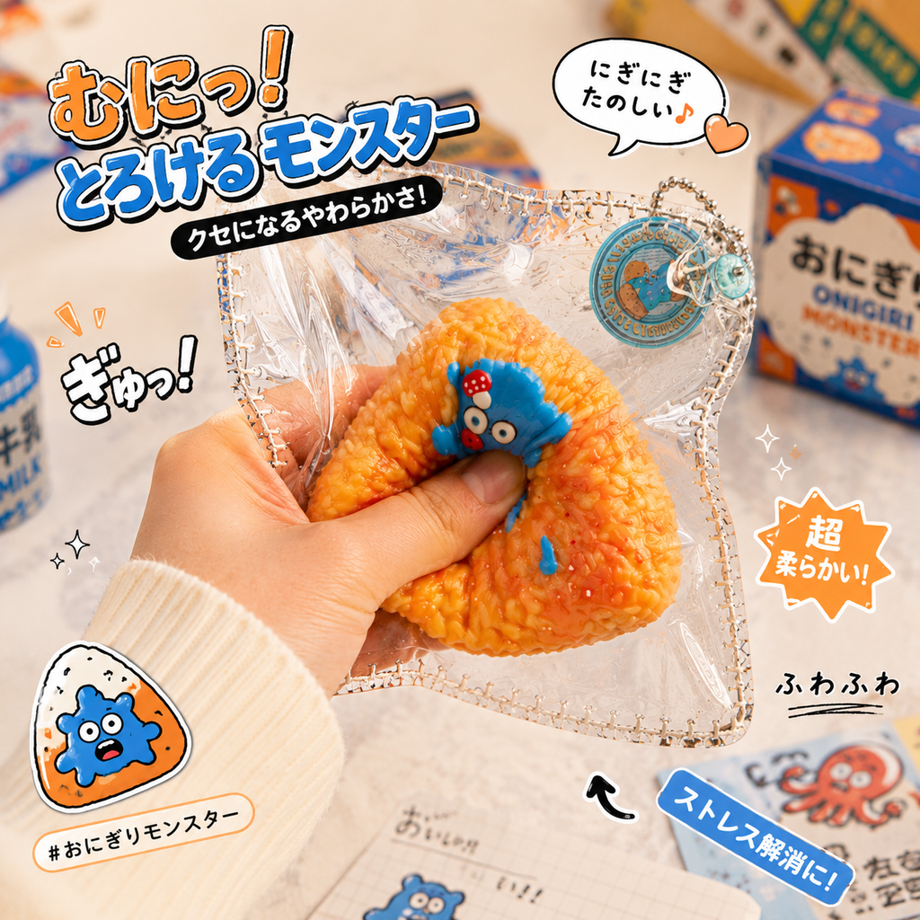 Jouet squishy texture riz Crazy Gugu orange et bleu polyuréthane, main pressant l'onigiri monstre scène kawaii japonaise sooo soft