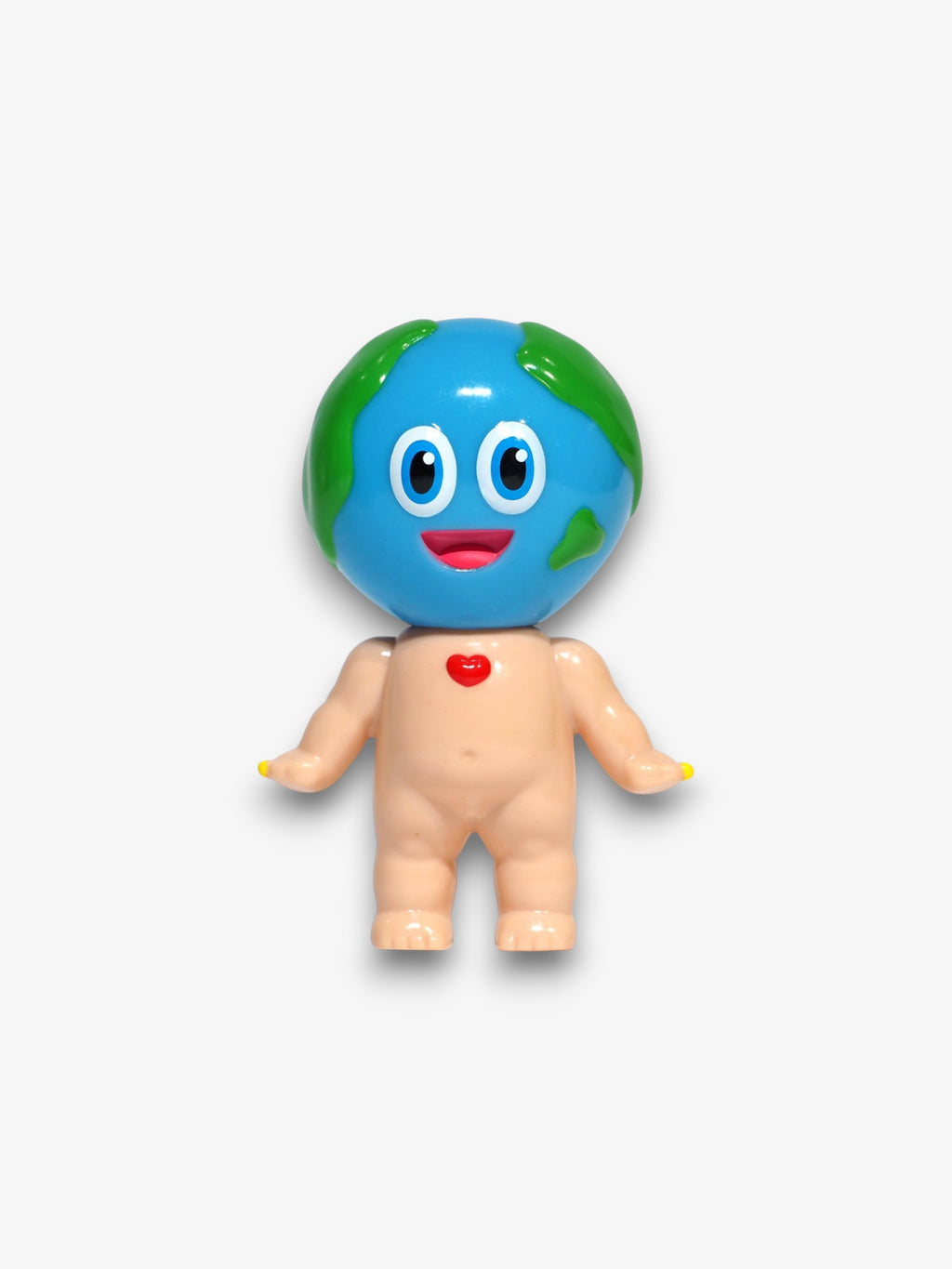 Leeeeeetoy sofubi New Earthly figurine – personnage corps beige nu avec tête globe terrestre bleu et vert souriant, fond blanc
