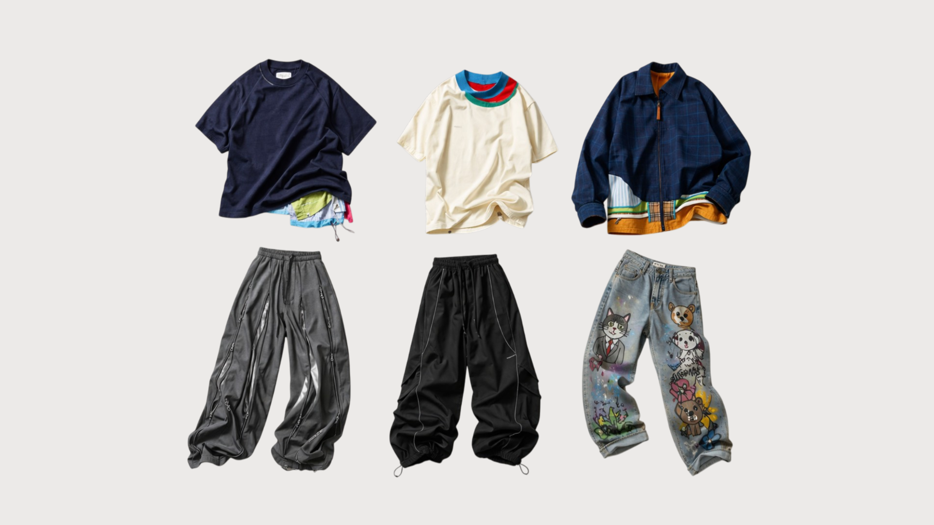  Lookbook DIOIB collection tshirt marine, tshirt écru col rayé, veste zippée marine, pantalon multi-zip gris, pantalon cargo noir et jean imprimé, vue flatlay

