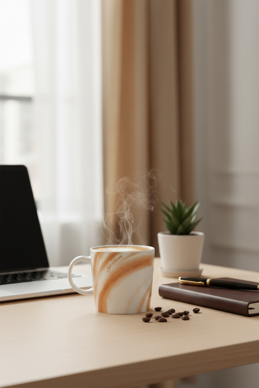 Mug en céramique effet marbre Café Kitsuné blanc et caramel avec café fumant, posé sur un bureau minimaliste beige avec laptop, carnet, stylo, plante succulente et grains de café