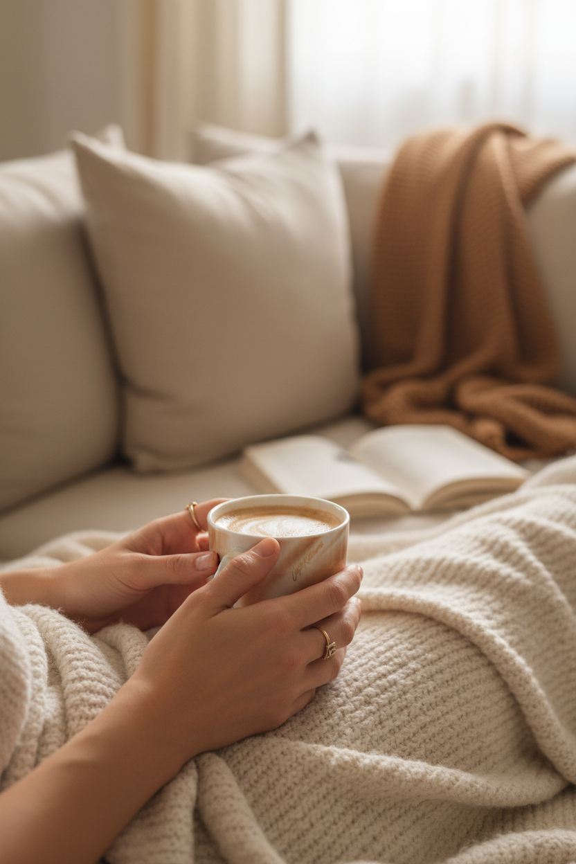 Mug en céramique effet marbre Café Kitsuné beige et blanc tenu par deux mains de femme avec bagues dorées, latte art crémeux, ambiance cosy intérieur avec canapé beige et plaid caramel