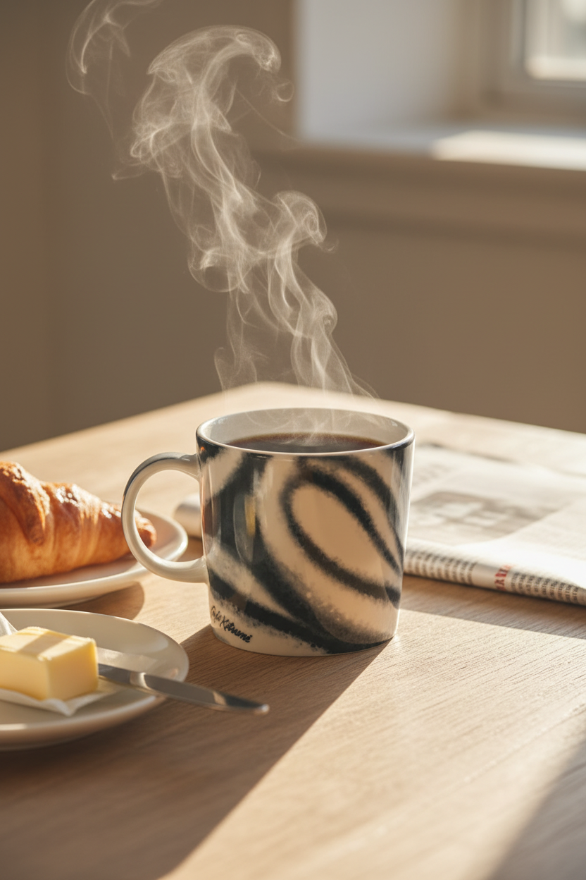 Mug en céramique effet marbre noir et beige Café Kitsuné avec café fumant, posé sur une table en bois avec croissant, beurre et journal, ambiance petit-déjeuner parisien lumière naturelle dorée