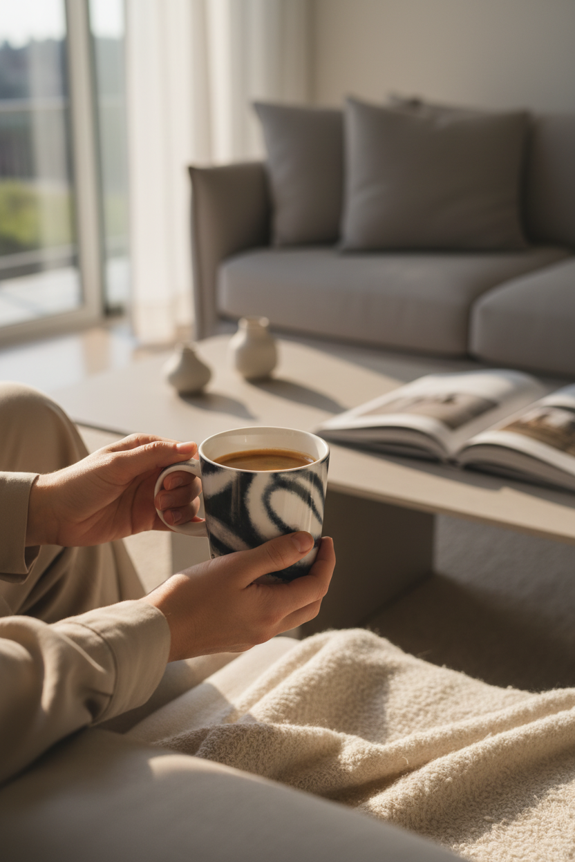Mug en céramique effet marbre noir et blanc Café Kitsuné tenu par deux mains de femme en tenue beige, café noir, ambiance salon moderne avec canapé gris et magazine ouvert lumière naturelle