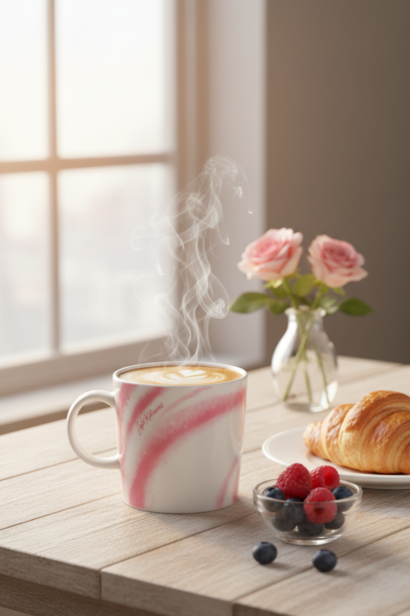Mug en céramique effet marbre rose et blanc Café Kitsuné avec latte art fumant, posé sur une table en bois clair avec croissant, fruits rouges et vase de roses roses, lumière matinale douce