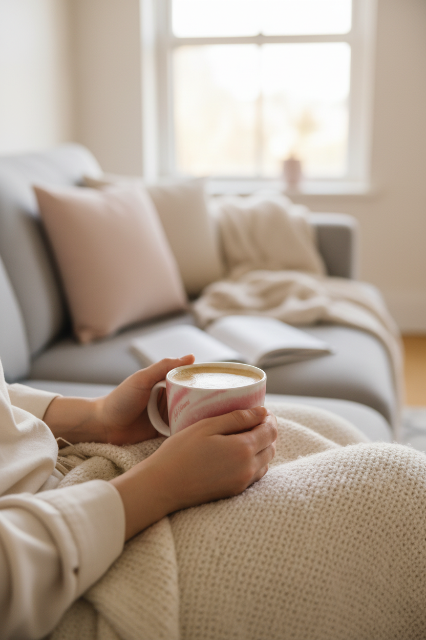 Mug en céramique effet marbre rose et blanc Café Kitsuné avec latte art crémeux, tenu par deux mains de femme en tenue beige, ambiance salon cosy avec canapé gris plaid crème et livre ouvert lumière dorée