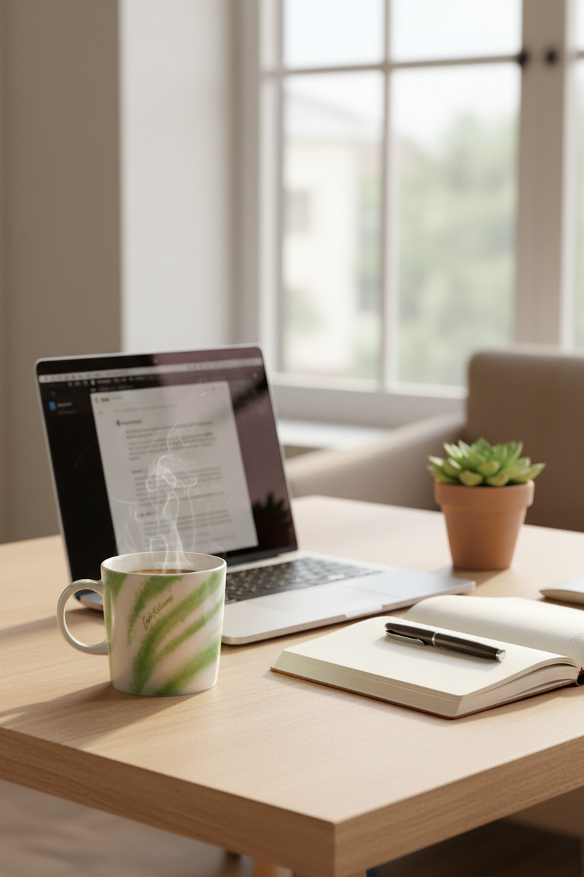 Mug en céramique effet marbre vert et blanc Café Kitsuné avec café fumant, posé sur un bureau en bois clair avec laptop ouvert, carnet, stylo et plante succulente, lumière naturelle