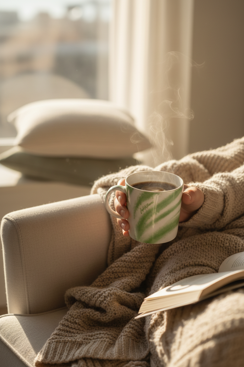 Mug en céramique effet marbre vert et blanc Café Kitsuné avec café noir fumant, tenu par deux mains de femme en pull beige, ambiance fauteuil cosy plaid beige tricoté et livre ouvert lumière dorée