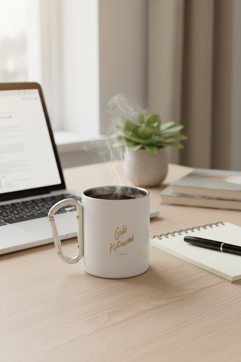 Mug isotherme avec anse mousqueton argenté logo doré Café Kitsuné blanc en acier inoxydable avec café noir fumant, posé sur un bureau en bois clair avec laptop ouvert carnet à spirale stylo noir et plante succulente en pot blanc, lumière naturelle douce