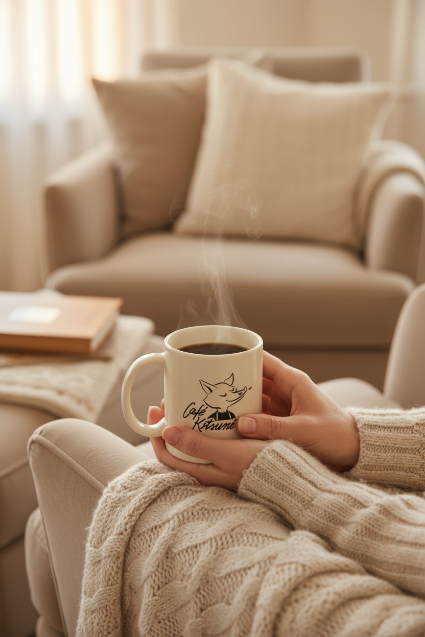 Mug motif renard logo Café Kitsuné blanc et noir en céramique avec café noir fumant, tenu par deux mains de femme en pull tressé beige, ambiance fauteuil cosy salon beige avec coussins et livre ouvert, lumière douce