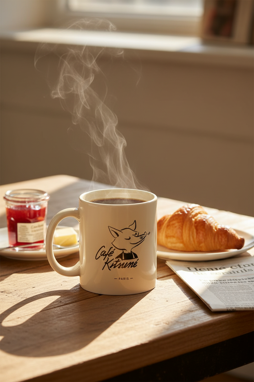 Mug motif renard logo Café Kitsuné Paris blanc et noir en céramique avec café noir fumant volutes de vapeur, posé sur une table en bois rustique avec croissant beurre confiture de fraises et journal, lumière matinale dorée