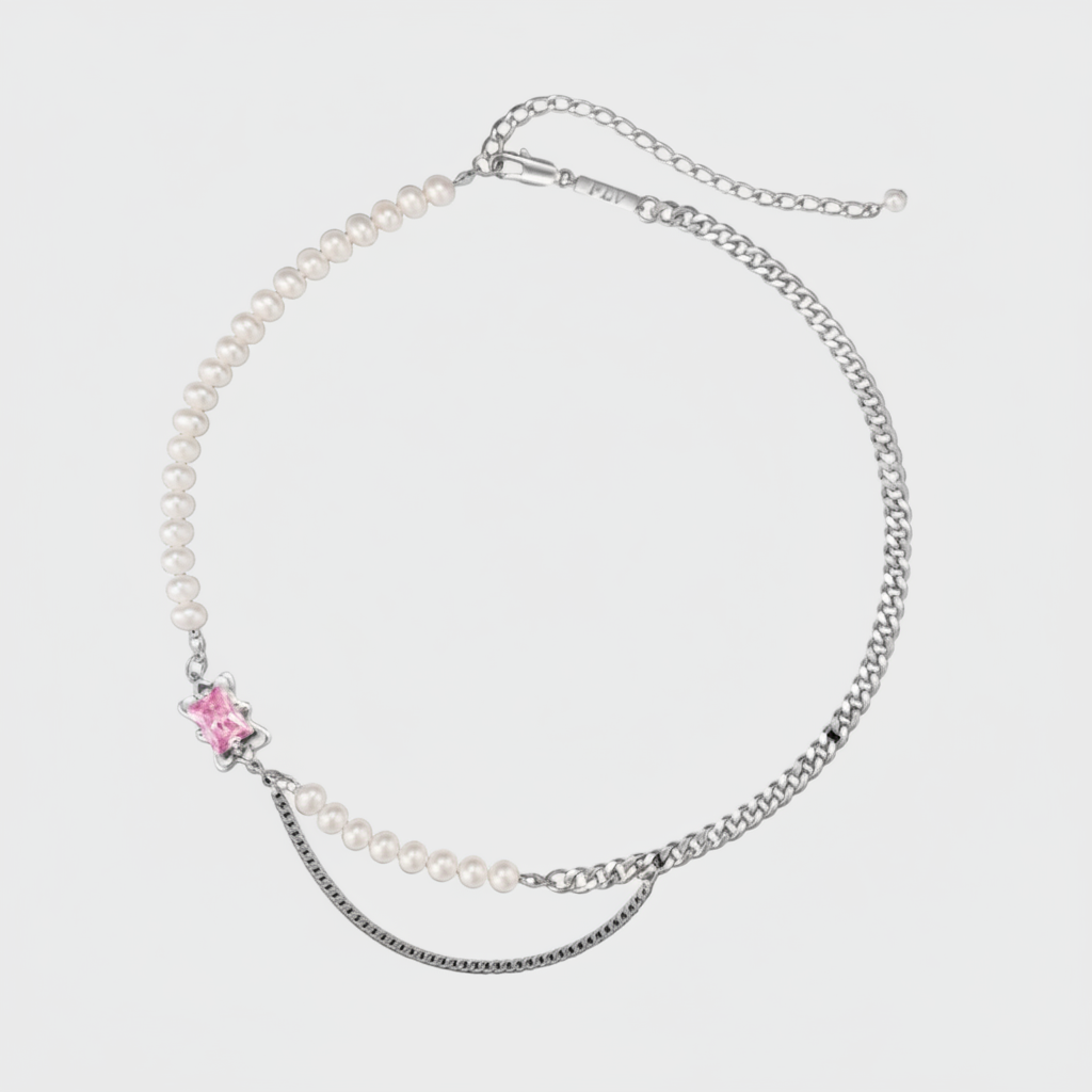 Collier mixte perles et chaîne FLV argenté blanc et rose métal perle et zircone étoile, vue produit à plat fond blanc
