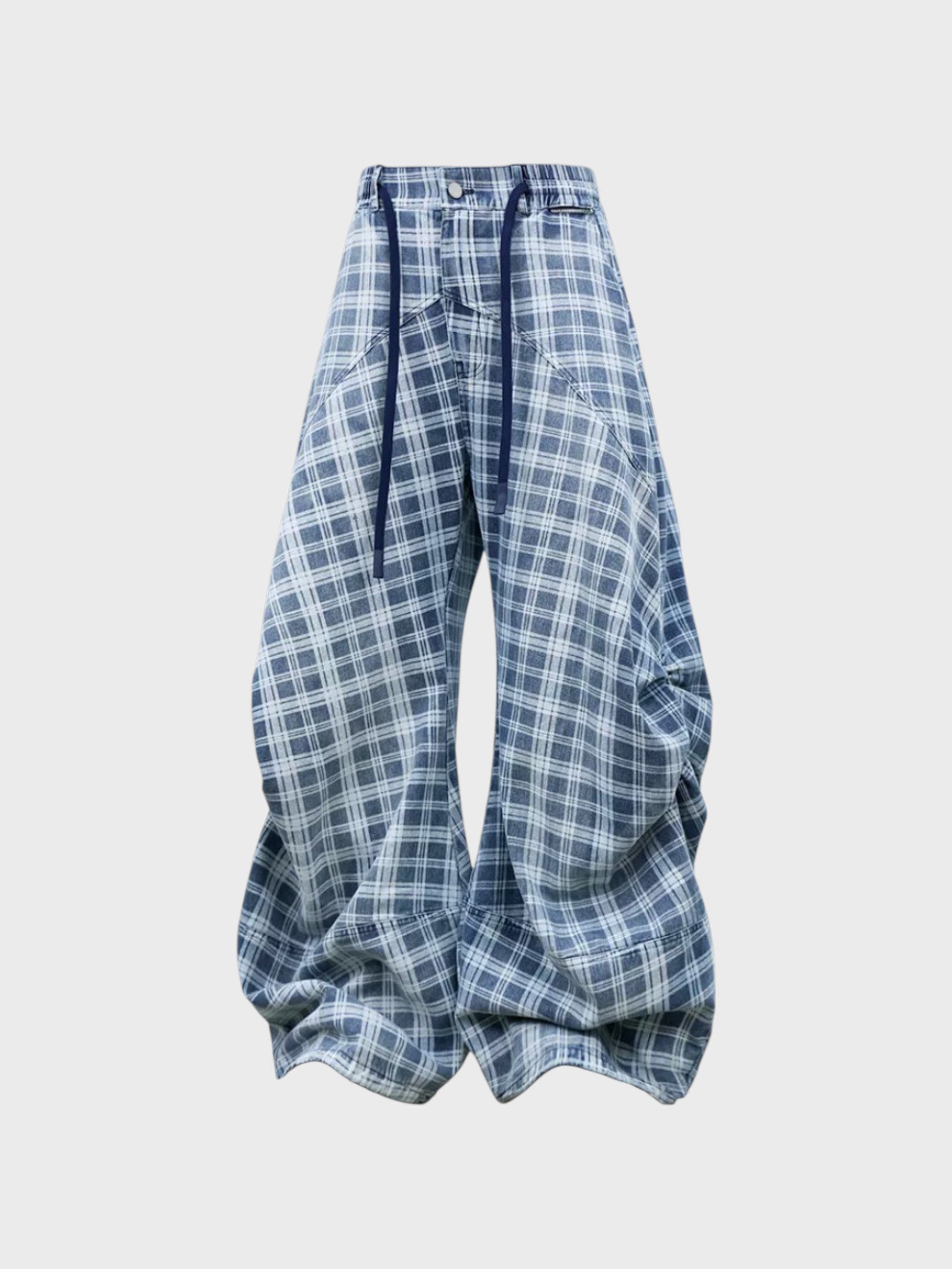 Pantalon ballon RELABEL carreaux bleu gris washed avec cordon taille et poches cargo, vue de face
