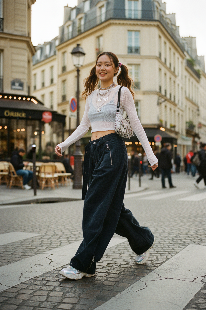 Pantalon ballon avec ceinture Relabel bleu ardoise en coton, porté par une femme marchant dans une rue de Paris, vue de trois quarts