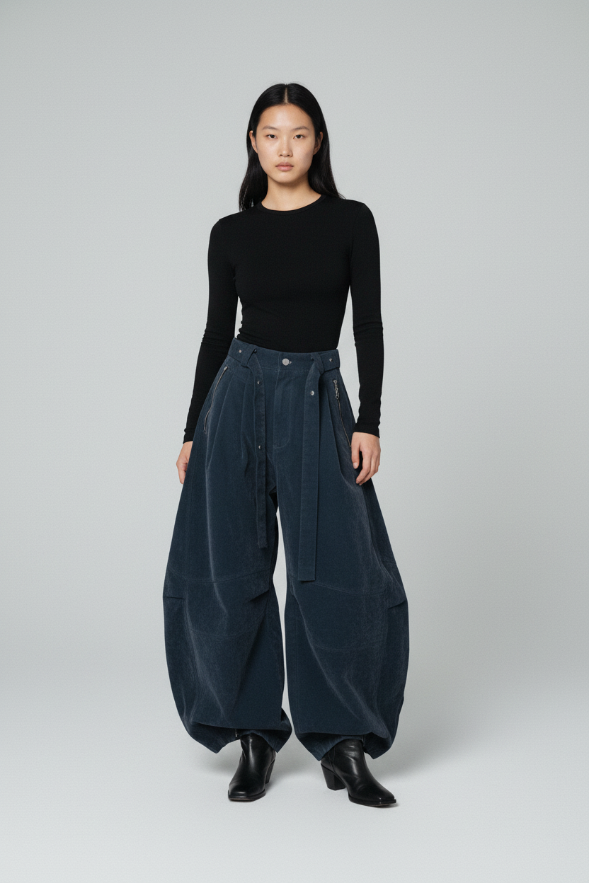 Pantalon ballon avec ceinture Relabel bleu ardoise en coton, porté par une femme en studio, vue de face