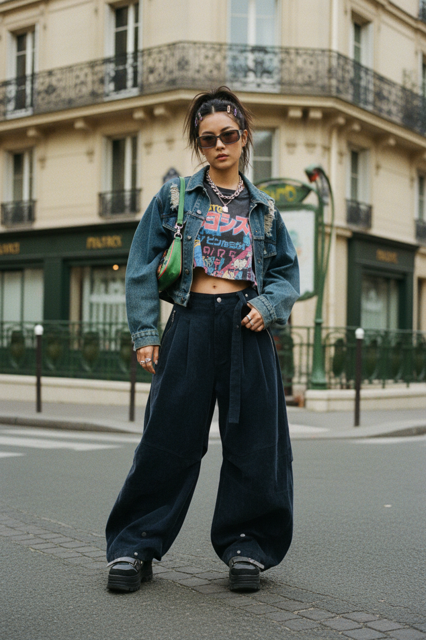 Pantalon ballon avec ceinture Relabel noir en coton, porté par une femme dans une rue de Paris en tenue streetstyle, vue de face
