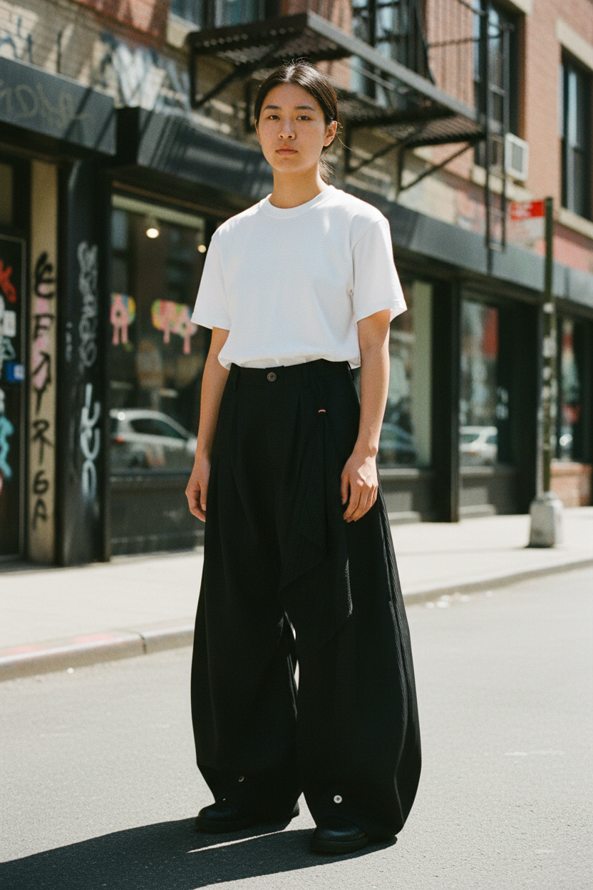 Pantalon ballon plissé asymétrique Relabel noir en laine, porté par une femme en tenue minimaliste dans une rue urbaine ensoleillée, vue de face