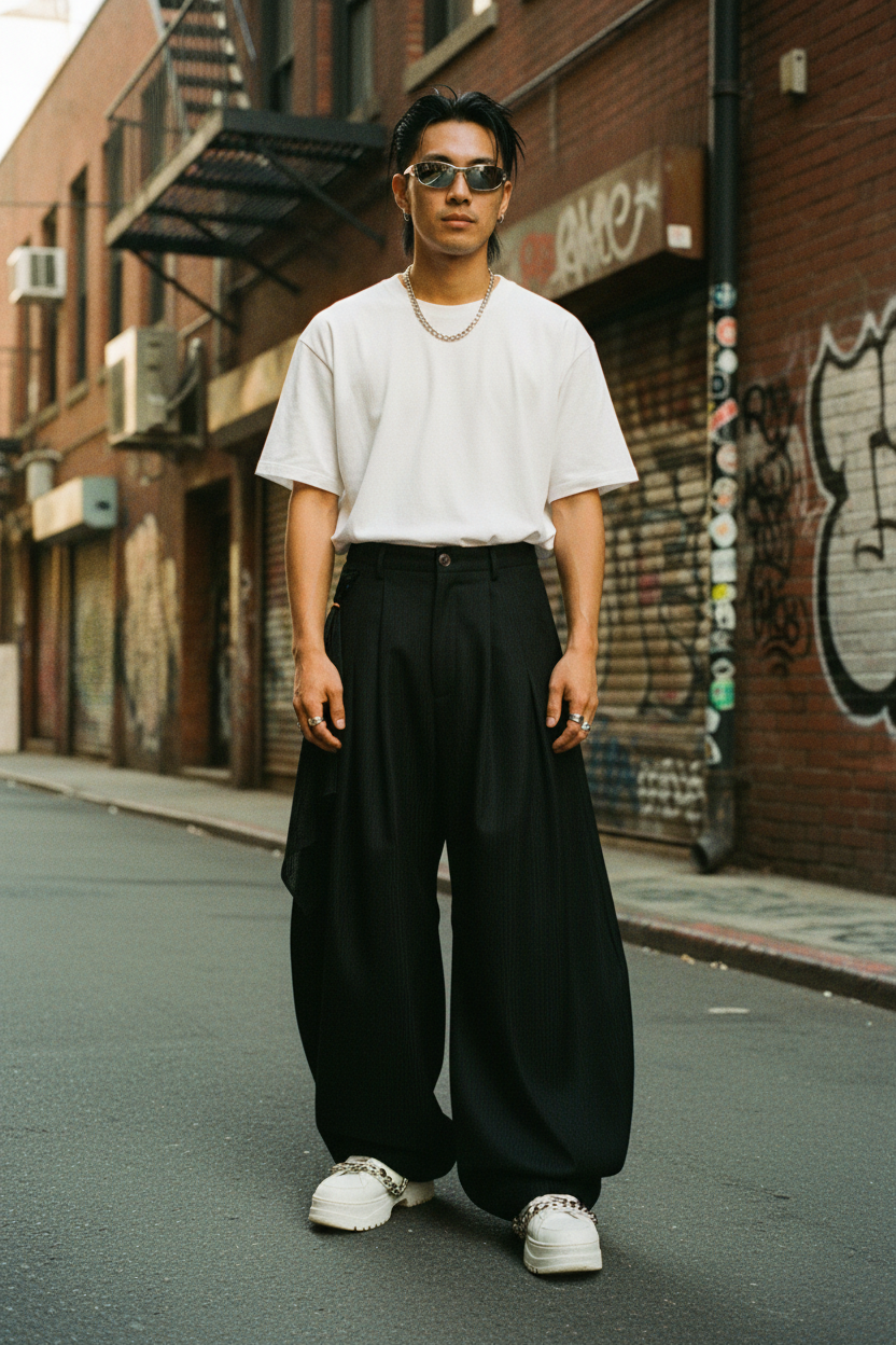 Pantalon ballon plissé asymétrique Relabel noir en laine, porté par un homme en tenue streetstyle dans une ruelle urbaine, vue de face