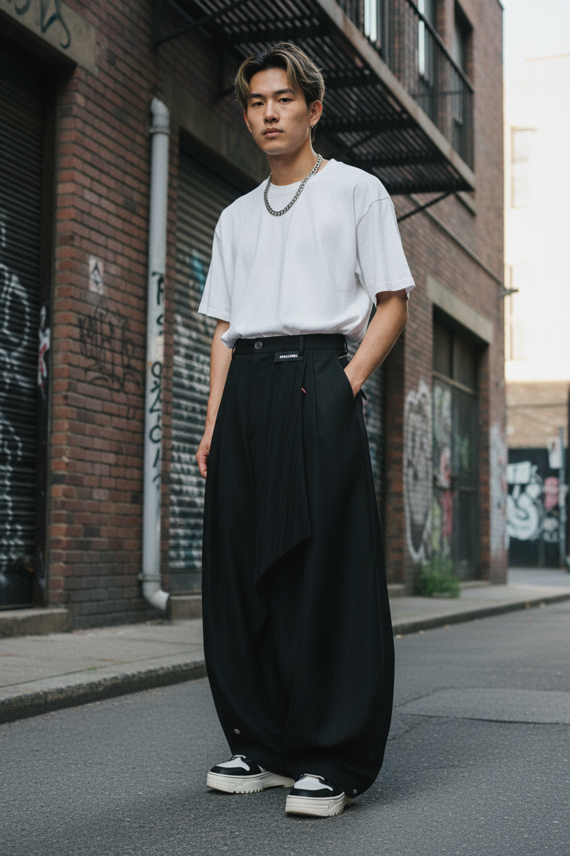 Pantalon ballon plissé asymétrique Relabel noir en laine, porté par un homme en silhouette longue dans une rue urbaine, vue de face