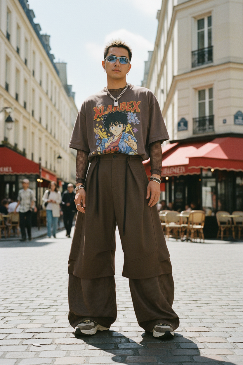 Pantalon ballon superposé Relabel marron en coton, porté par un homme sur une place parisienne en tenue streetstyle, vue de face